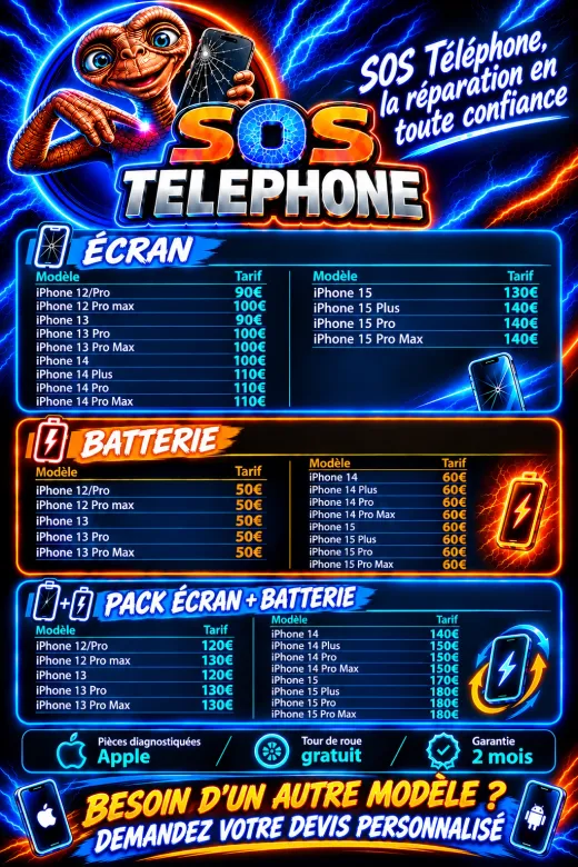 Flyer des tarifs SOS Téléphone : écran, batterie et pack écran + batterie pour iPhone 12 à iPhone 15, pièces diagnostiquées Apple, tour de roue gratuit, garantie 2 mois